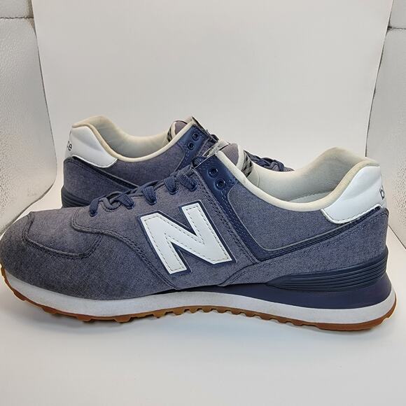 New Balance 574 Sneakers Womens 10.5 Blue Chambray Plaid Lace Up Casual Shoes - Picture 7 of 13